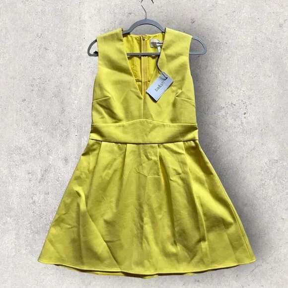 BA&SH Yellow V-Neck Wilson Fit Flare Pleated Cut-Out Back Dress Size 3 NWT - Picture 6 of 7